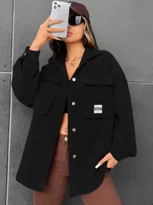 SHEIN EZwear 秋冬灯芯绒字母贴片翻盖口袋夹克