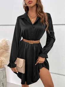 SHEIN Frenchy Đầm Xù Nút phía trước màu trơn Giải trí - màu đen - Xem 3