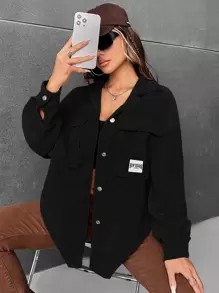 SHEIN EZwear 秋冬灯芯绒字母贴片翻盖口袋夹克