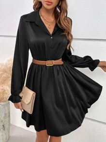 SHEIN Frenchy Đầm Xù Nút phía trước màu trơn Giải trí - màu đen - Xem 5