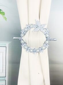 2pcs Butterfly & Faux Pearl Decor Curtain Holdback - Silver - View 1