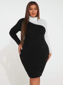 SHEIN SXY Plus Two Tone Turtle Neck Bodycon Dress - Black - View 3