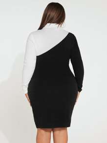 SHEIN SXY Plus Two Tone Turtle Neck Bodycon Dress - Black - View 2