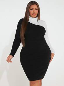 SHEIN SXY Plus Two Tone Turtle Neck Bodycon Dress - Black - View 1