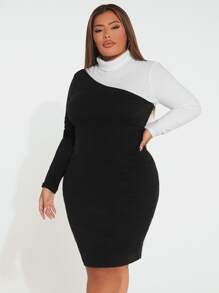 SHEIN SXY Plus Two Tone Turtle Neck Bodycon Dress - Black - View 5