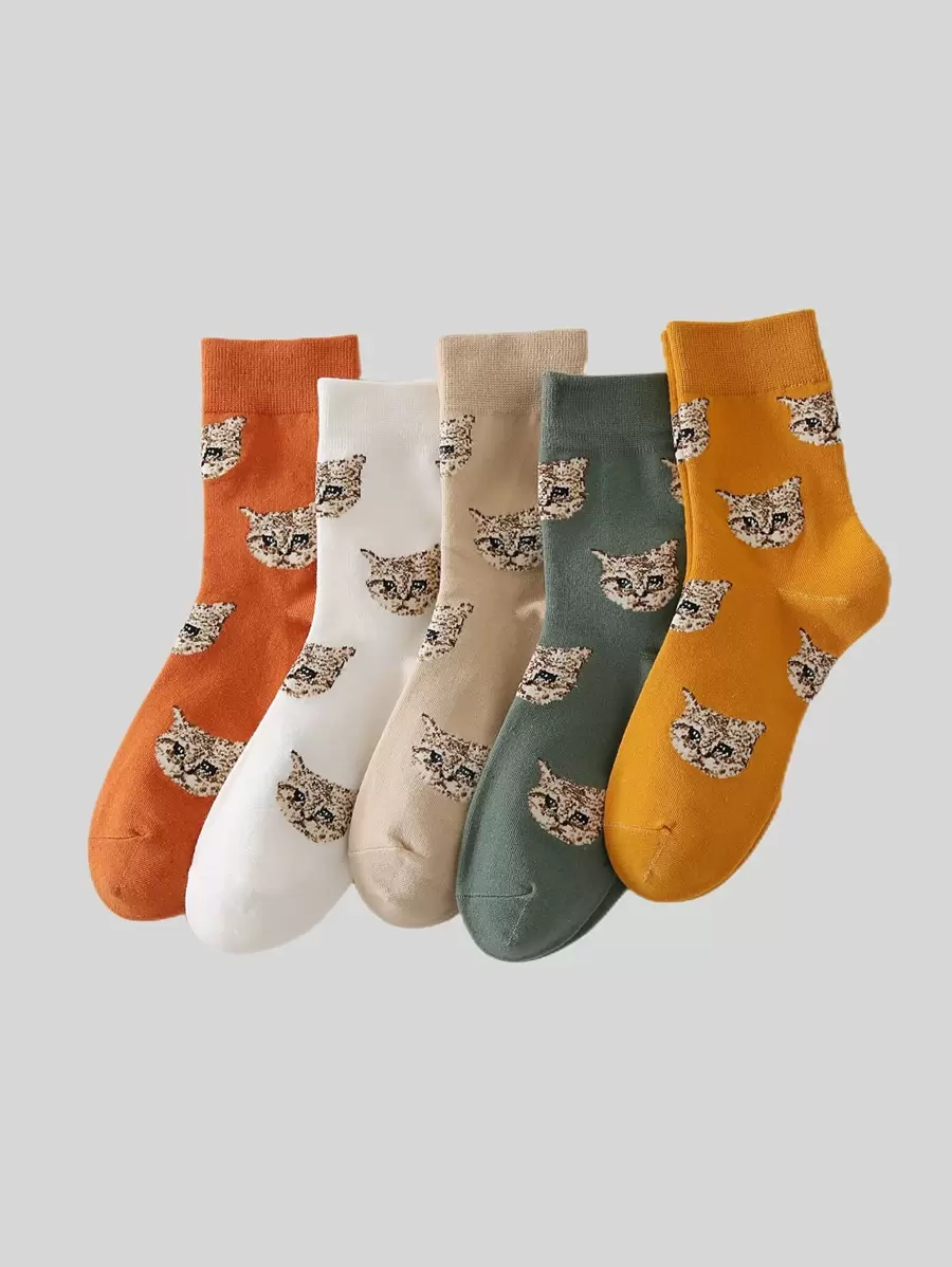 5雙貓樣式中筒襪 - 彩色 - 查看 1