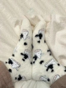 2pairs Random Cow Pattern Fuzzy Crew Socks - Multicolor - View 2