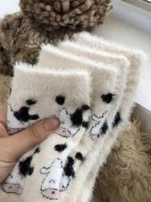2pairs Random Cow Pattern Fuzzy Crew Socks - Multicolor - View 6
