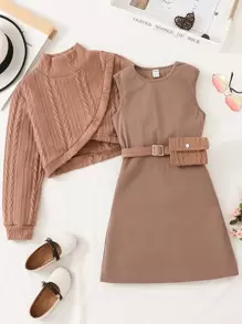 SHEIN Girls Mock Neck High Low Hem Top & Belted Tank Dress - Khaki - View 1