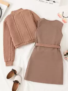 SHEIN Girls Mock Neck High Low Hem Top & Belted Tank Dress - Khaki - View 2