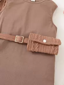 SHEIN Girls Mock Neck High Low Hem Top & Belted Tank Dress - Khaki - View 3