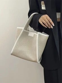 撞色滾邊方包 - 米色 - 查看 3