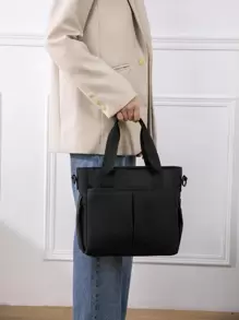 1 件婴儿纯色新款尼龙时尚旅行大容量多功能妈咪包、单肩包、手提包、斜挎包，可挂在婴儿车上，适合日常旅行 - 黑色 - 查看 6