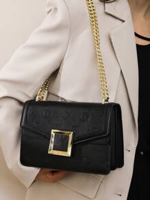 字母壓紋翻蓋方包 - 黑色 - 查看 2