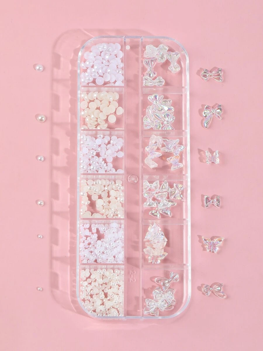 1 盒 3D 蝴蝶和人造珍珠美甲装饰 DIY 指甲饰品 指甲宝石 美甲用品 - 彩色 - 查看 1