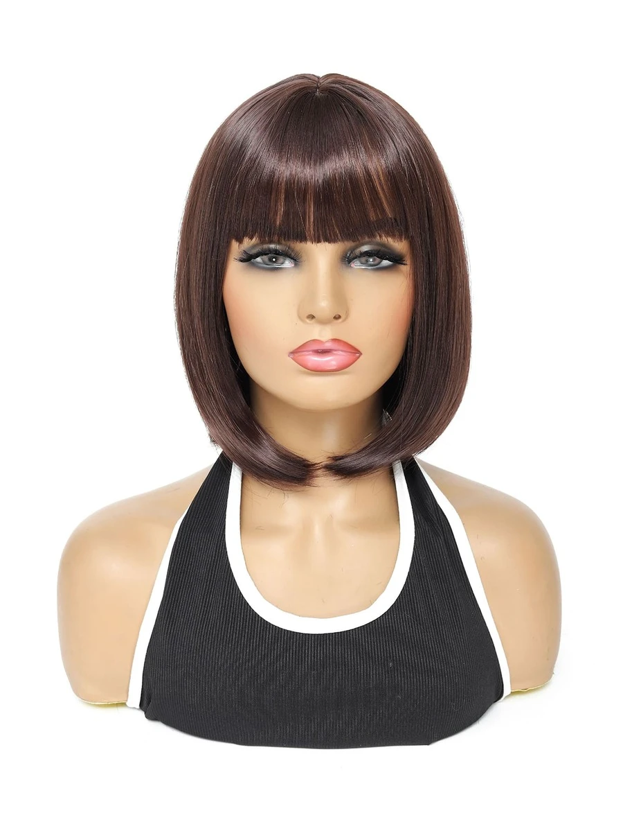 Tóc giả tổng hợp ngắn thẳng có tóc mái - Cà phê nâu - Xem 1