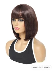 Tóc giả tổng hợp ngắn thẳng có tóc mái - Cà phê nâu - Xem 2