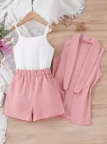 青少年女孩纯色披肩领无袖夹克、纯色吊带背心和短裤休闲装