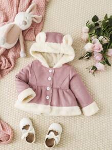 嬰兒雙色3D耳朵設計連帽毛絨內襯仿麂皮外套 - 藕粉色 - 查看 1