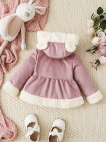 嬰兒雙色3D耳朵設計連帽毛絨內襯仿麂皮外套 - 藕粉色 - 查看 2