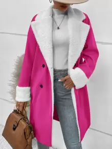 SHEIN Essnce Teddy Lined Lapel Neck Double Breasted Overcoat - Hot Pink - View 1
