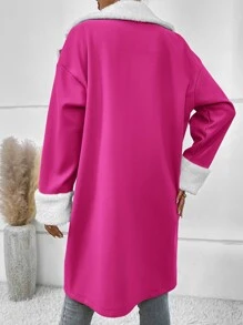 SHEIN Essnce Teddy Lined Lapel Neck Double Breasted Overcoat - Hot Pink - View 2