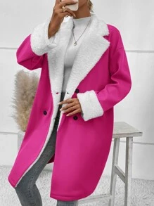 SHEIN Essnce Teddy Lined Lapel Neck Double Breasted Overcoat - Hot Pink - View 3