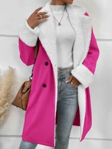 SHEIN Essnce Teddy Lined Lapel Neck Double Breasted Overcoat - Hot Pink - View 4