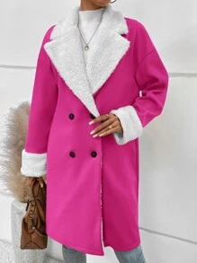 SHEIN Essnce Teddy Lined Lapel Neck Double Breasted Overcoat - Hot Pink - View 5