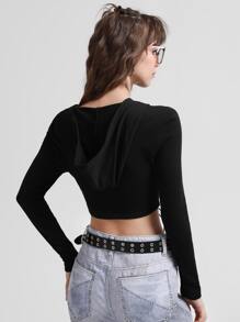 SHEIN MOD Zip Up Lace Up Hoodie - Black - View 5