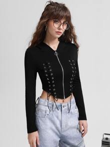 SHEIN MOD Zip Up Lace Up Hoodie - Black - View 3