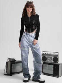 SHEIN MOD Zip Up Lace Up Hoodie - Black - View 4