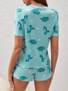 Dinosaur Print Tee & Shorts PJ Set - Mint Blue - View 2