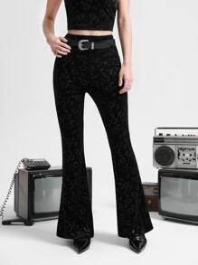SHEIN MOD 印花喇叭褲不附腰帶 - 黑色 - 查看 3