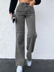 EURMUSE 纯色拉链门襟阔腿牛仔裤 - 灰色 - 查看 3