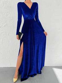 EURMUSE Solid Split Thigh Dress - Royal Blue - View 1