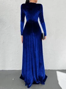 EURMUSE Solid Split Thigh Dress - Royal Blue - View 2