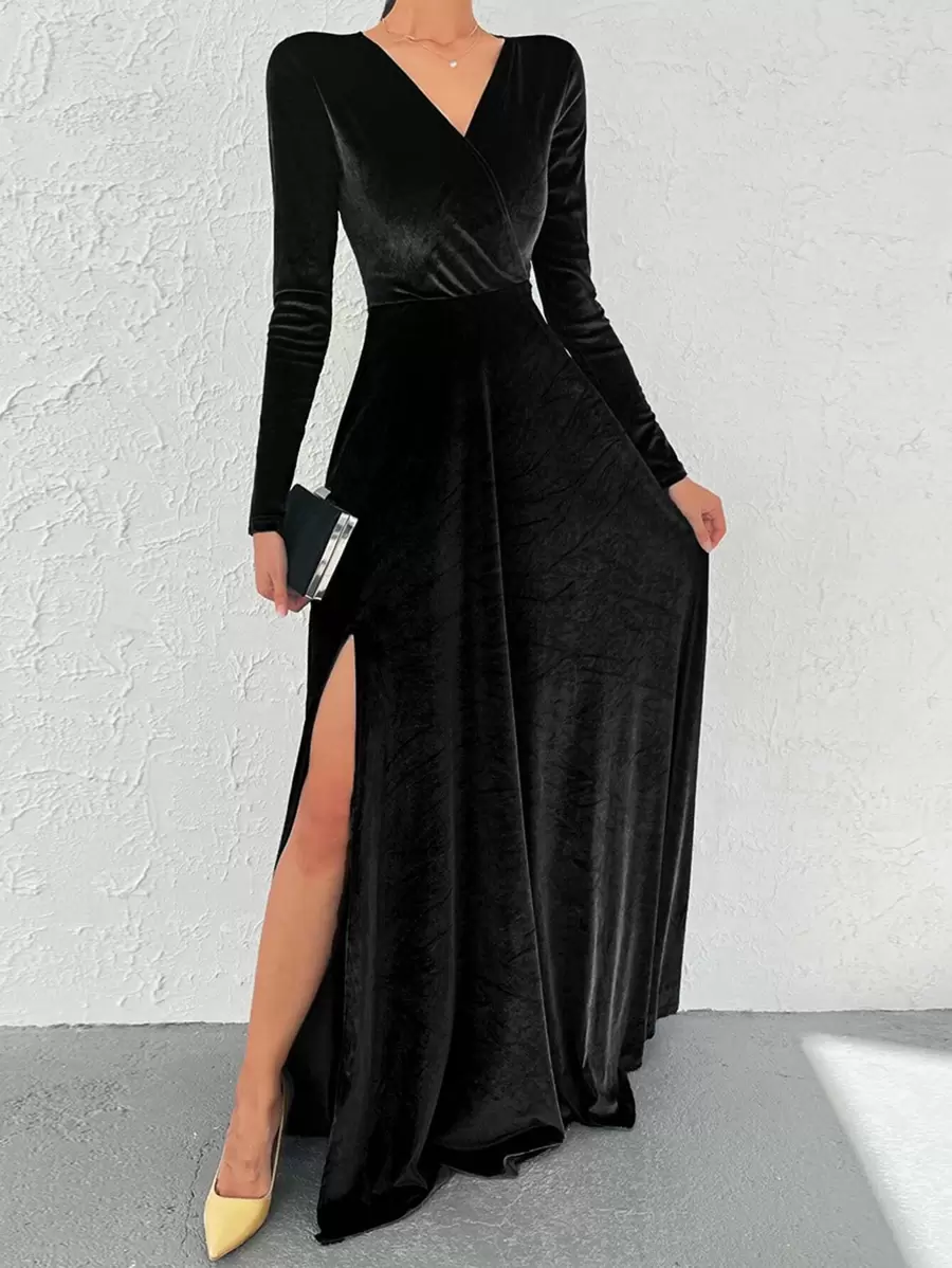 Solid Split Thigh Dress - Black - View 1