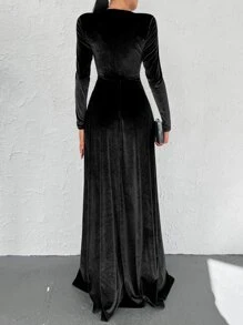 Solid Split Thigh Dress - Black - View 2