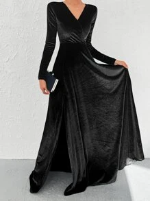 Solid Split Thigh Dress - Black - View 3