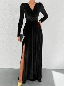 Solid Split Thigh Dress - Black - View 4