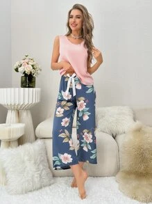 3pcs Floral Print Bow Detail PJ Set - Dusty Blue - View 4