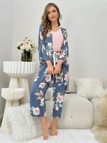3pcs Floral Print Bow Detail PJ Set - Dusty Blue - View 5