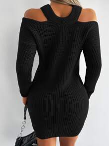 EURMUSE Cold Shoulder Jumper Dress Without Belt - Black - View 2