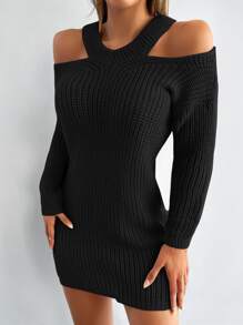 EURMUSE Cold Shoulder Jumper Dress Without Belt - Black - View 3