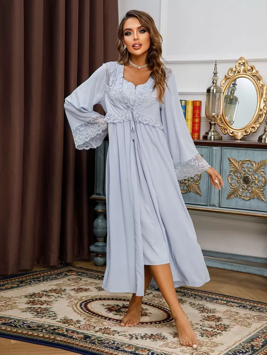 PalaceNights Contrast Lace Nightdress & Robe Pajama Set, Fall Winter Clothes - Baby Blue - View 1
