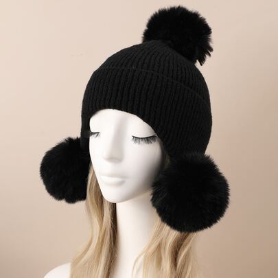 Pompom Decor Cuff Beanie