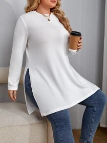 SHEIN Essnce Plus Solid Split Hem Tee - White - View 3