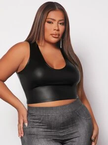 SHEIN Plus Solid Patent Crop Tank Top - Black - View 5