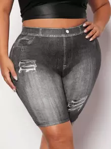 SHEIN SXY Plus Denim-Effect Print Cycling Shorts - Dark Grey - View 1